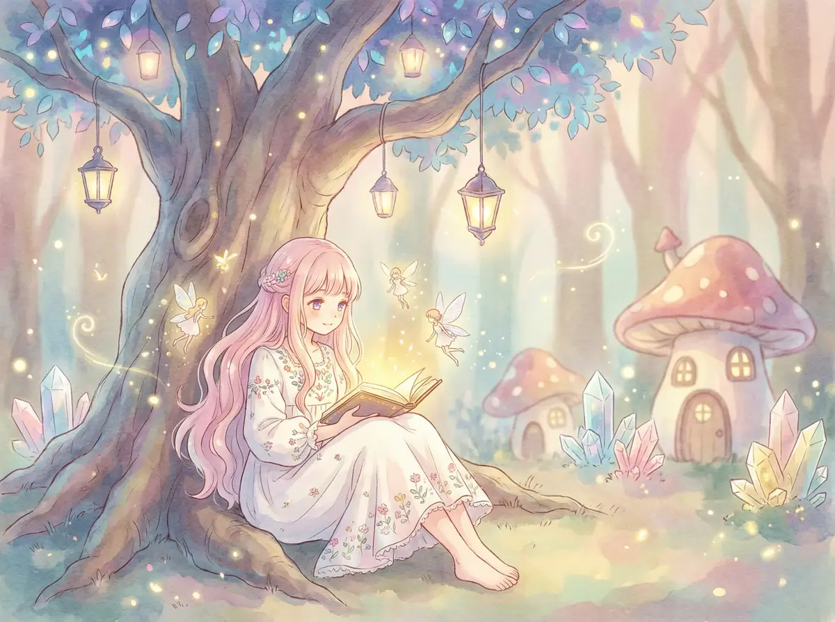 ai一键去衣在线免费 - 魔法森林中阅读故事书的粉发少女与精灵